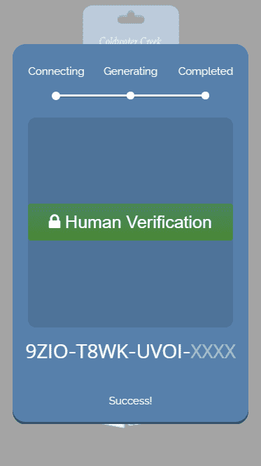 Step and part where it is necessary to do a short verification for the Coldwater Creek gift card.